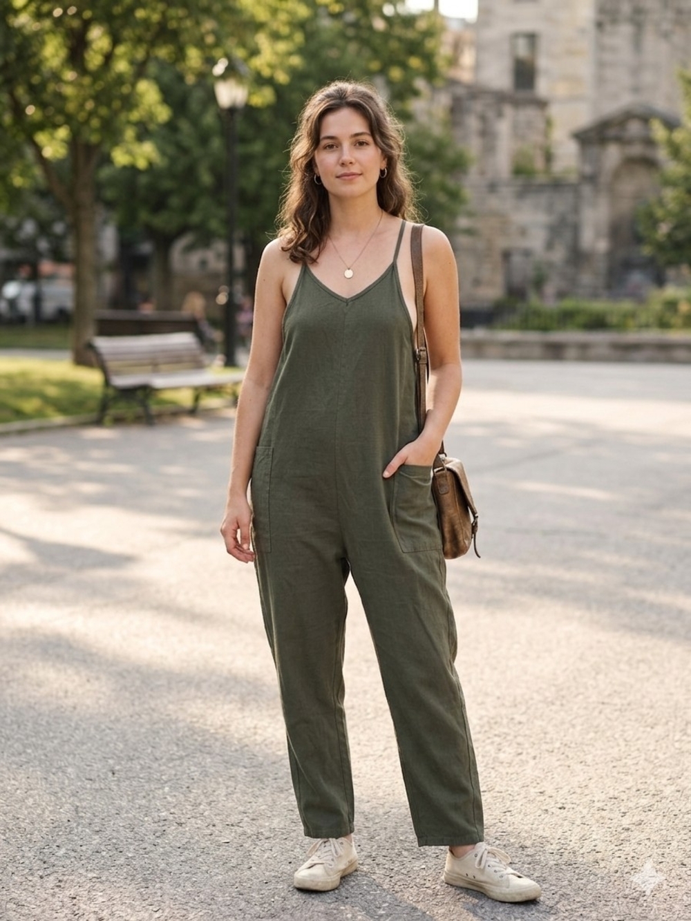 Casual Olive Green V-Neck Cotton Jumpsuit